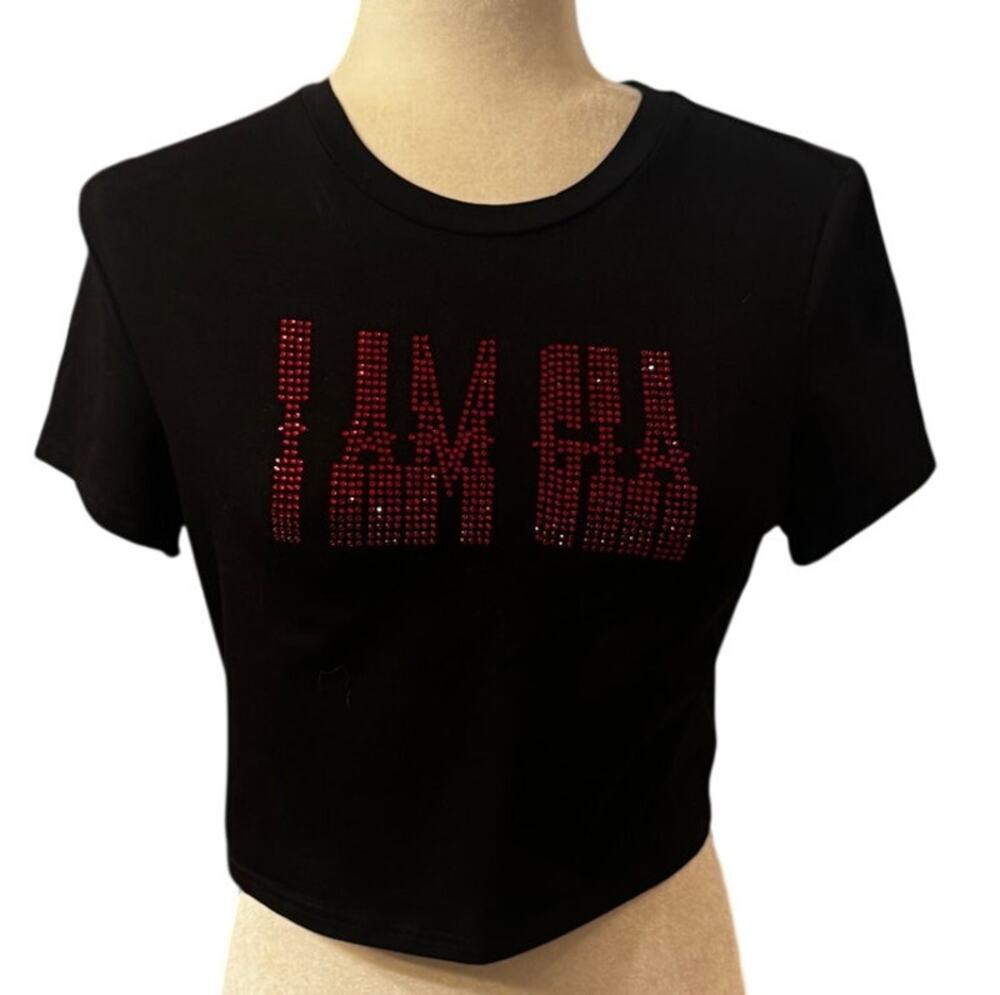 I.AM.GIA "I Am Gia" Black and Red Rhinestone Crop Top Size M NWOT